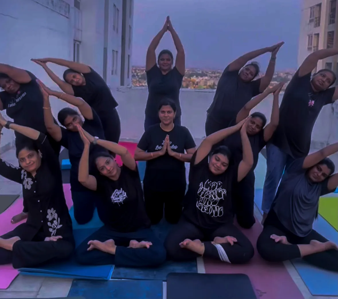 Women practicing yoga online
